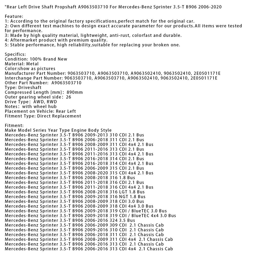 Задний левый приводной вал карданный вал A9063503710 для Mercedes-Benz Sprinter 3.5-T