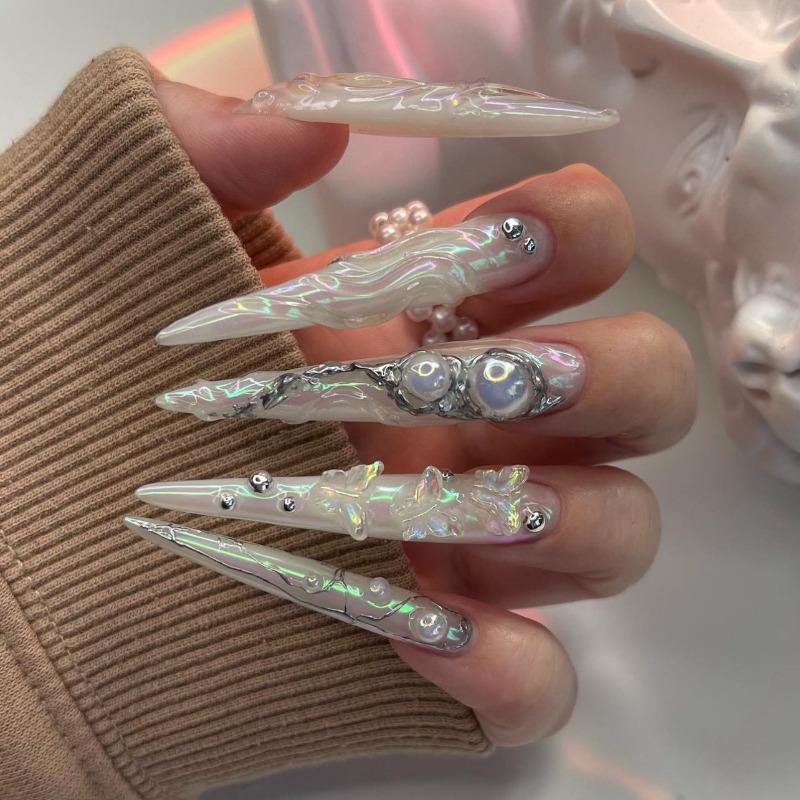 3D wearing nail aurora butterfly point drill manicure fake nails super long pointed European and American popular fake nails