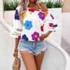 Women's Summer Loose Asymmetrical Collar Printed Top, Casual Vacation Mesh Three-quarter Sleeve Shirt
