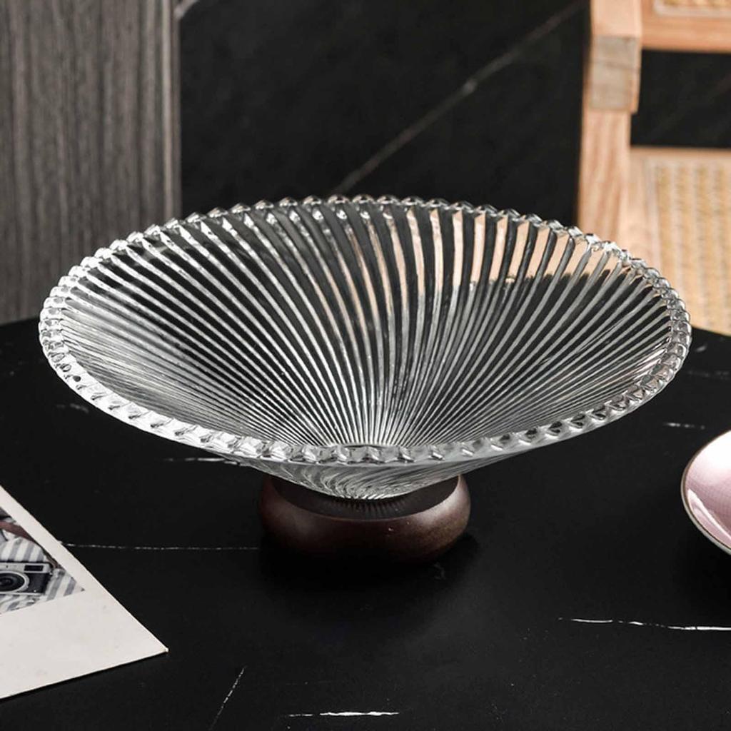 Clear Glass Fruit Bowl Decorative Pedestal Tray Nuts Cake Vegetable Holder with Wooden Stand for