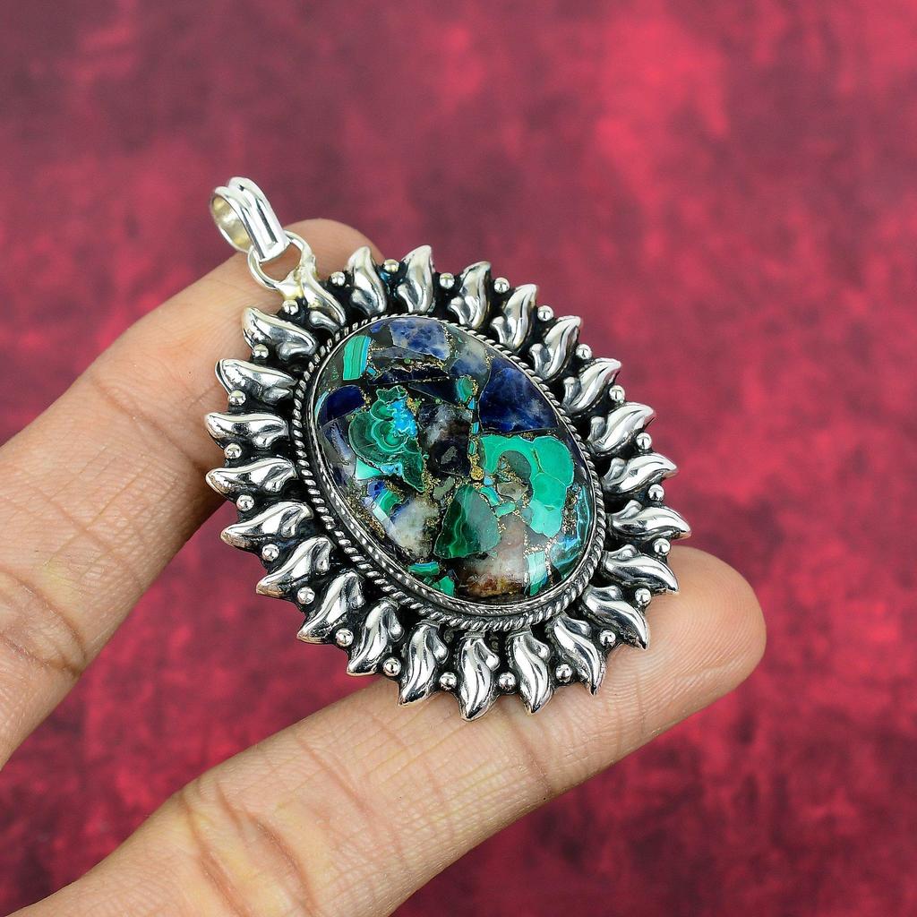 Copper Azurite Malachite Pendant, 925 Solid Sterling Silver Gemstone Jewelry, Handmade Pendant, For Memorial Day