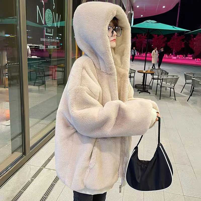 Korean Imitation Rex Rabbit Fur Coats Female Winter Warm Long Thickened Hooded Lamb Wool Cashmere Coat