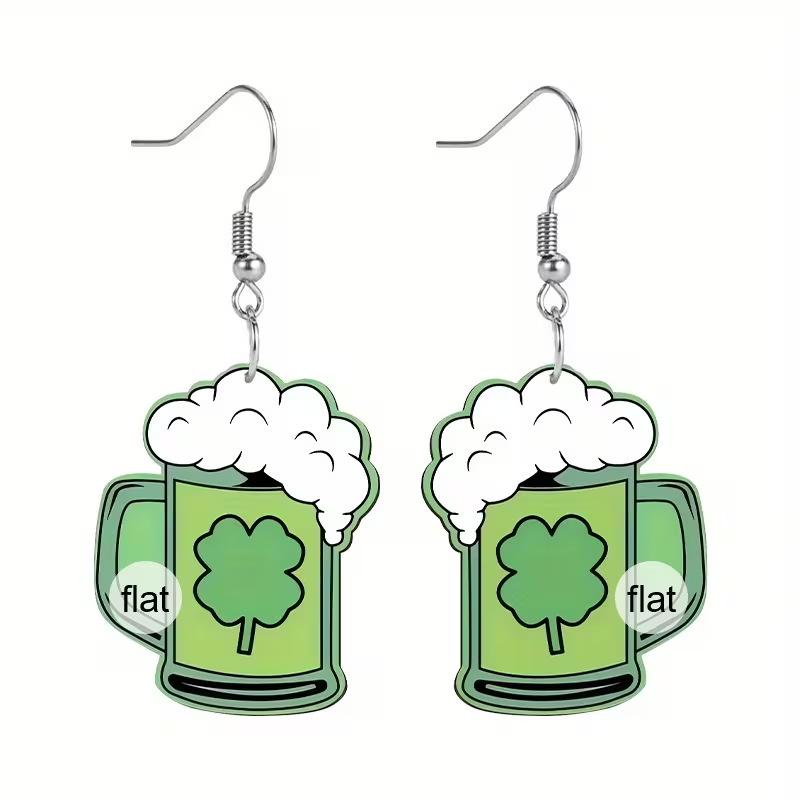 St. Patrick's Day Green Clover Beer Mug Shape Earrings 2D Acrylic Creative Beer Mug Earrings