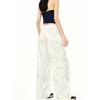 Women's fashion wide-leg pants, light blue lines, clean cream backing, multi-pose cat full-print trousers
