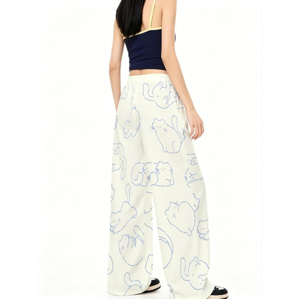 Women's fashion wide-leg pants, light blue lines, clean cream backing, multi-pose cat full-print trousers