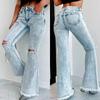 Long Ripped Flare Washed High-Waisted Women's Jeans