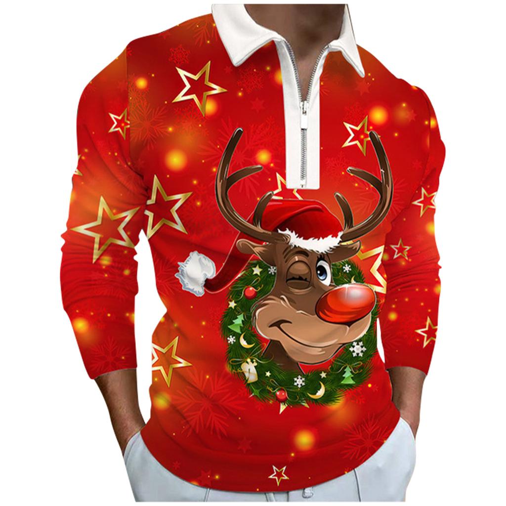 Christmas Men'S Lapel Long Sleeve Printed Casual Top Loose Sports Lapel Shirt