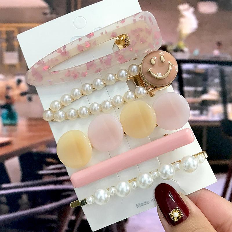 5Pcs/Set Fashion Smiley Pearl Hair Clip For Women Girl Geometric Acetate Barrettes Hairpin Headwear Hair Accessories  Trendy
