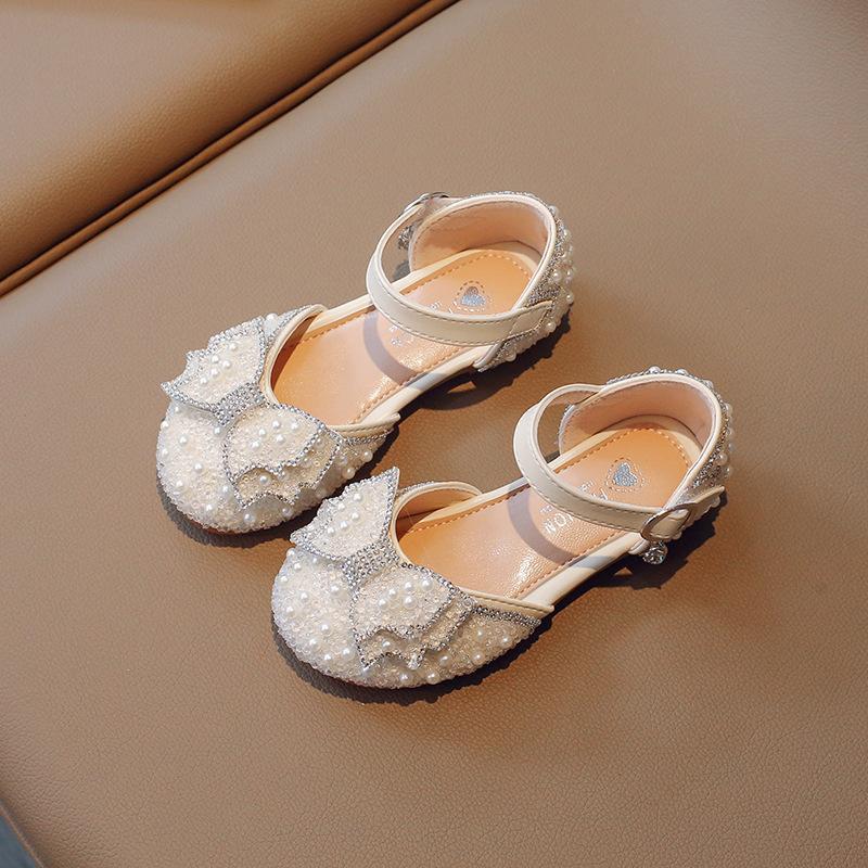 Summer Girl Rhinestone Bowtie Sandals Bling Princess Pearl Dress Shoes Children Flat with Kid Baby Dance Party Shoes Hook & Loop