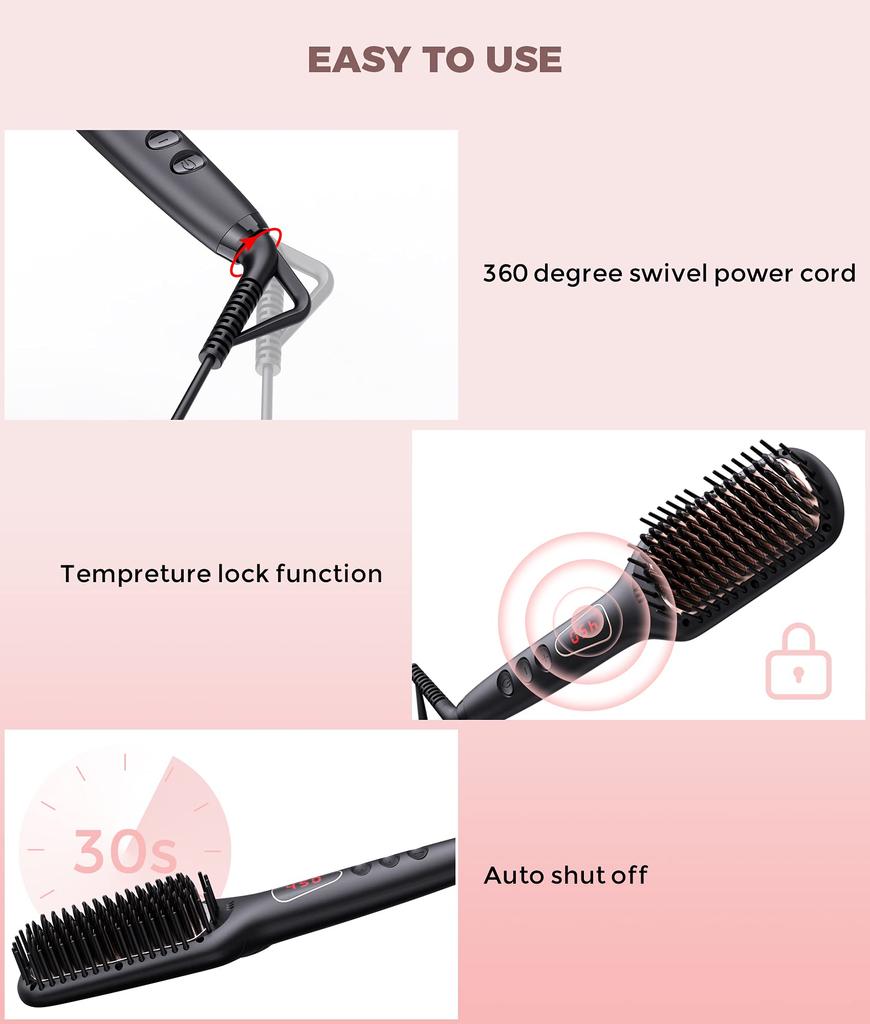 MEGAWISE 20 Seconds Fast Heating Heat Brush 2x Negative Ions Straight Brush Burn Prevention Constant Nano Heating Teeth iONIC Brush Type Hair Iron 60