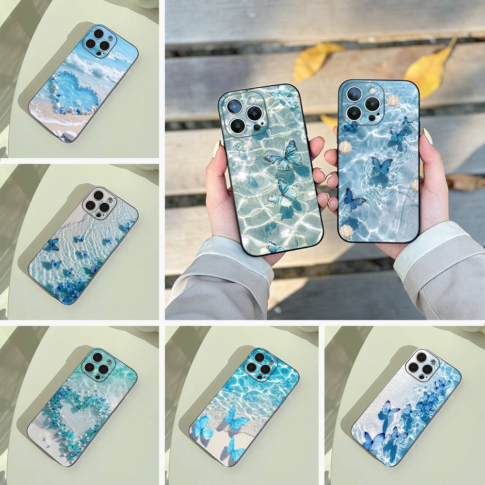 Синяя бабочка Волна океана Чехол для телефона Для iPhone 17,16,15,14,13,12,11 Pro Max,16/15/14Plus,XS Мягкий черный чехол