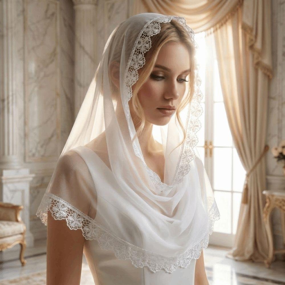 Lace Trim Wedding Hijab Solid Color Church Lace Trim Veil Cathedral Veil Church Ceremony