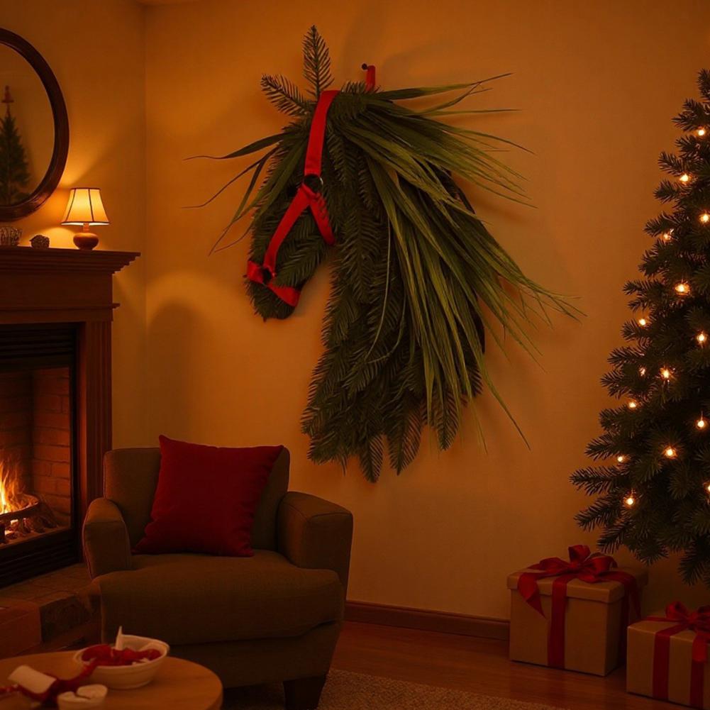 Outdoor Holiday Wreath Holiday Horse Decoration Rustic Horse Head Wreath with Artificial Pine Branches Ribbon Farmhouse Front
