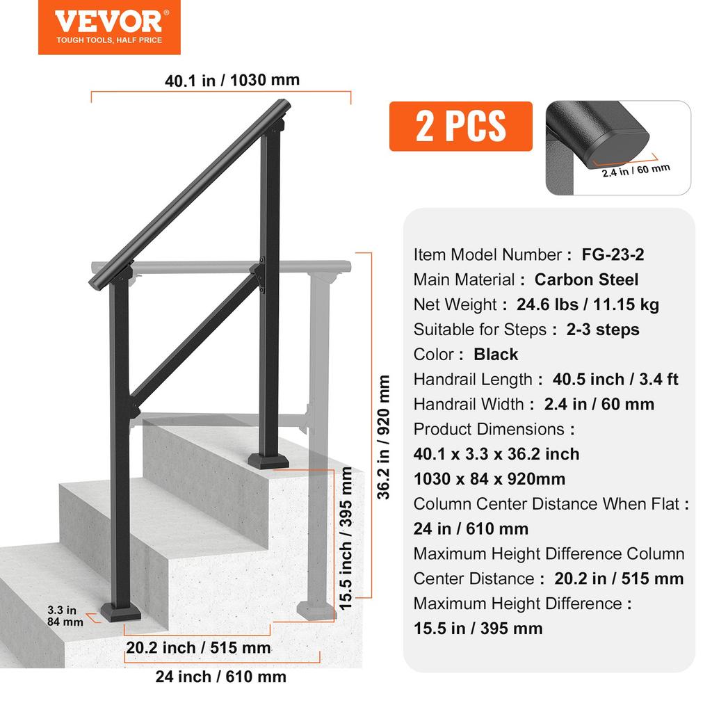 VEVOR Handrails for Outdoor Steps, 2 PCS 2-3 Step Stair Hand Rail Kit, Transitional Carbon Steel Railings with Installation Kit