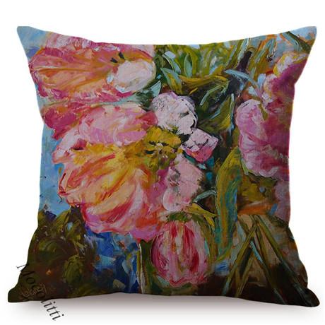 Multicolor Flowers Oil Painting Style Cotton Linen Pillow Case Rose Sunflower Violet Vase Sofa Decoration Cushion Cover Cojines