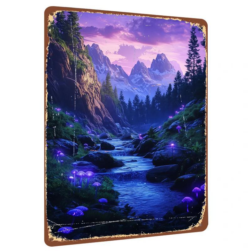 Enchanted Valley Glowing Mushroom Stream Scenery Custom Metal Tin Sign Home Decor Wall Art