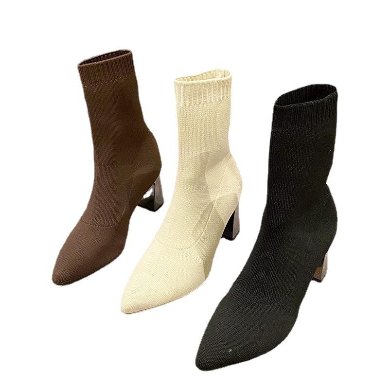 Зимние новые высококачественные женские сапоги 2024 года, модные, с острым носком, однотонные, с толстым каблуком, рукавами, женские короткие сапоги на высоком каблуке