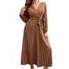 Cross V-neck Lantern Long Sleeve Waist Strap A-Line Autumn Dress Simple Pure Color