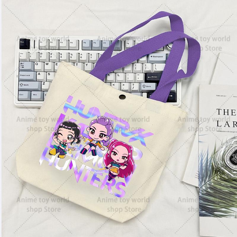 KPop Demon Hunters GIRLS Canvas Shopping Bags Women Cotton Tote Bags Reusable Cartoon Letter Shoulder Bag Grocery Handbag Beige