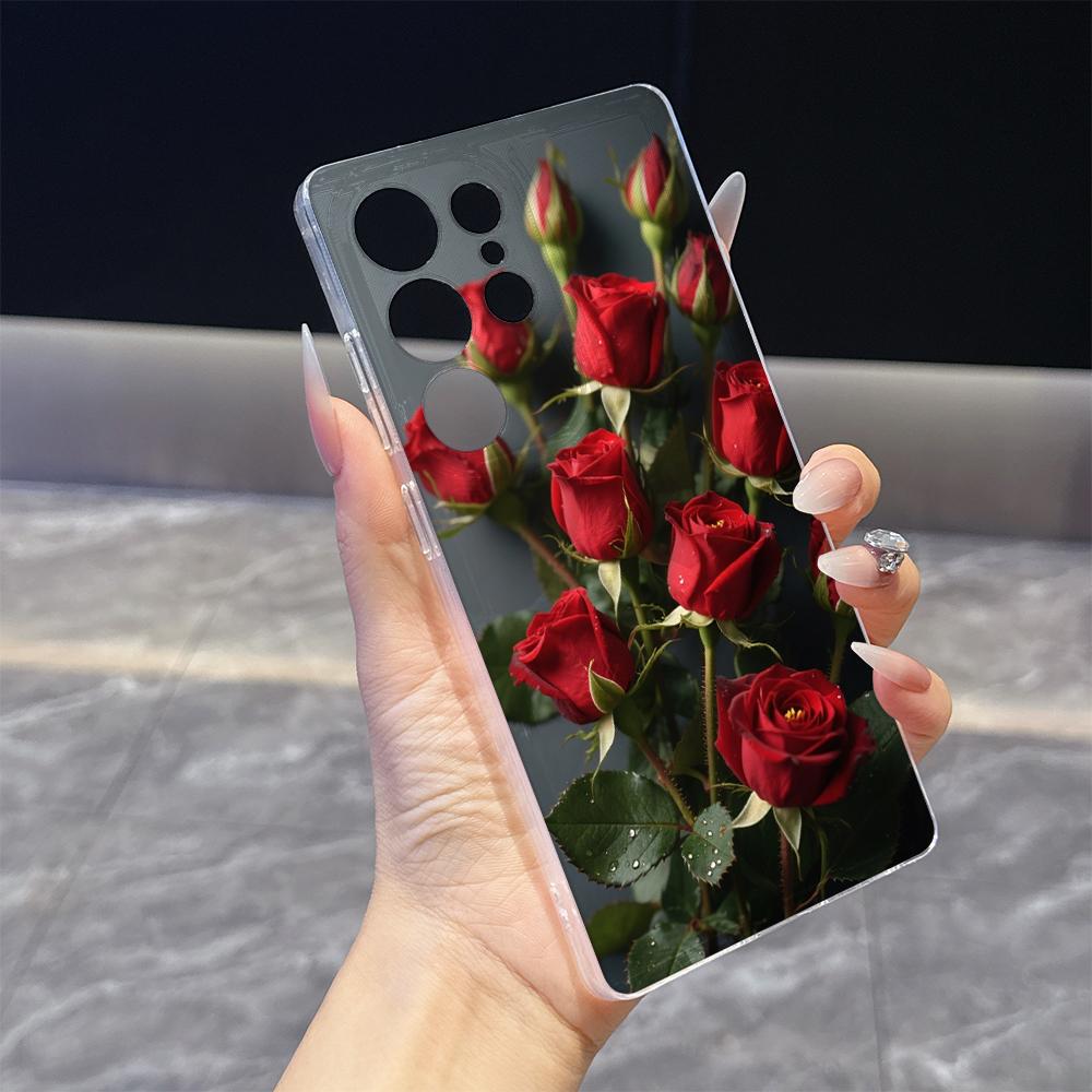 Букет красных роз с росой Чехол для телефона для Samsung Galaxy S26 S25 S24 S23 S22 S21 S20 FE Plus Прозрачная TPU Защитная крышка