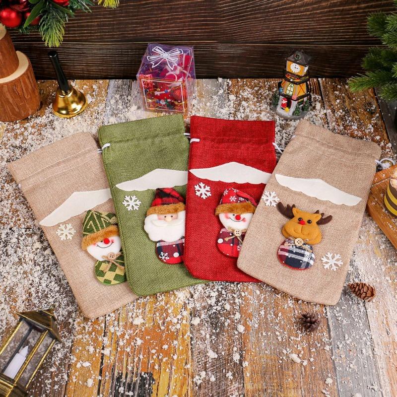 Рождественский льняной старик фигурка чехол для винной бутылки праздничный отель обеденный стол мультяшный трехмерный мешок для вина на шнурке