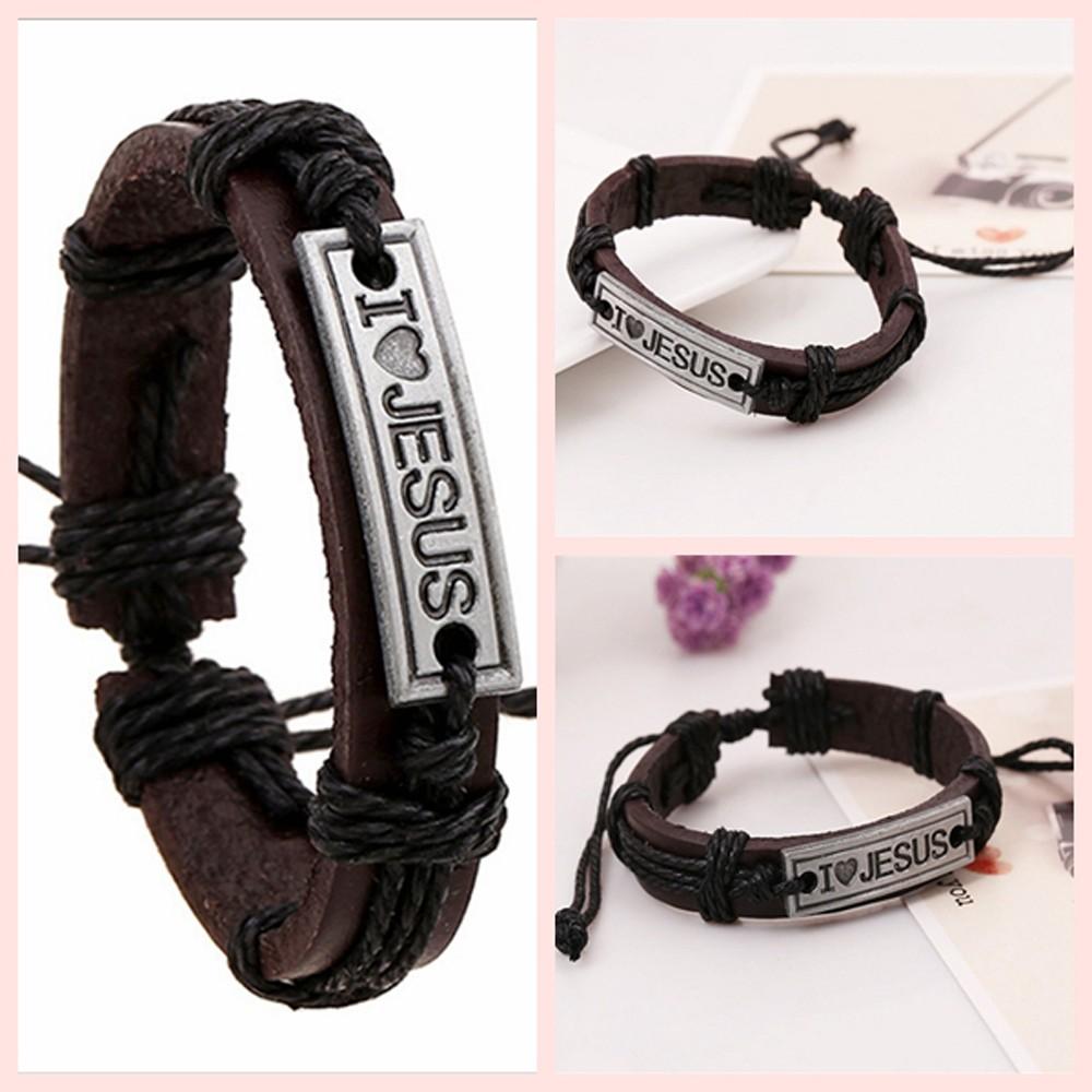 Men/Women Christian Wrap Catholic Leather Cuff Bangle Wristband "I Love JESUS" Religious Bracelet