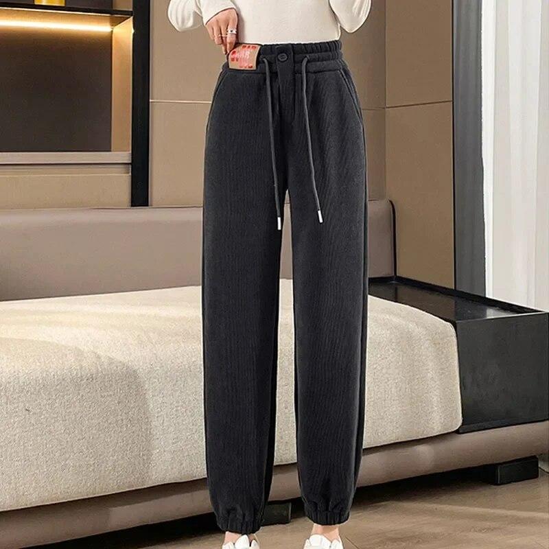 Зимние модные бархатные теплые свободные прямые брюки для женщин, офисные женские леггинсы с высокой талией, утепленные однотонные брюки 29584