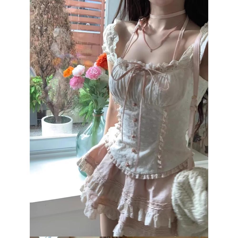 Xia Xin Sweet Lace Waist Top Girl Summer Sweet Style Princess Cake Skirt Two-piece Set Skirt Women