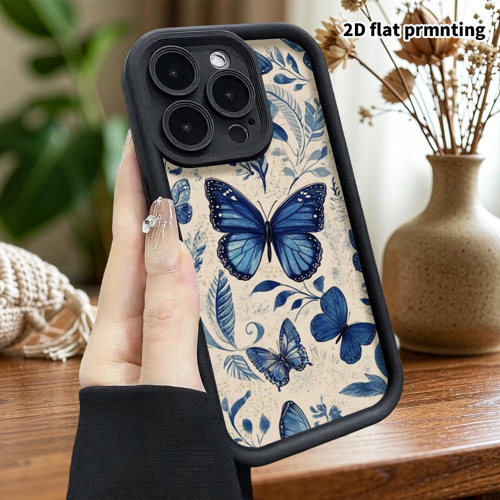 Phone case: 2D flat, suitable for iPhone 18 17 16 15 14 13 Pro protective case, blue butterfly, perfect Christmas and Halloween holiday gift