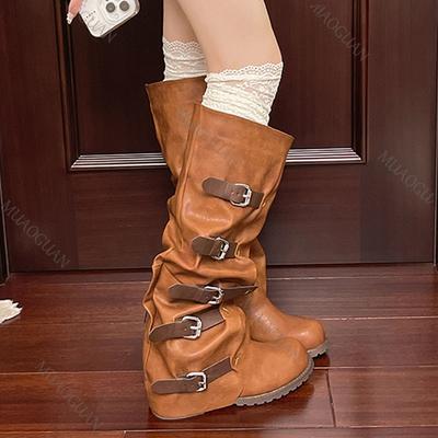 Модные женские длинные сапоги-чулки, ретро, с ремешком и пряжкой, плиссированные, женская обувь, коричневые, с круглым носком, кожаные, женские, на толстом каблуке, до колена, боты