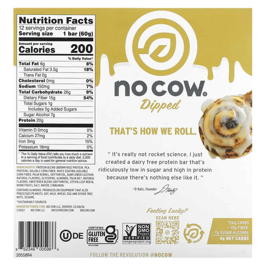 No Cow Dipped Protein Bar, Sticky Cinnamon Roll, 12 Bars, 60g (2.12oz) Each