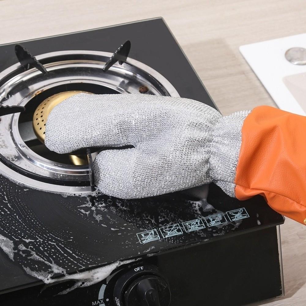 2 Pairs Extended Silver Wire Gloves Thickened Waterproof Cleaning Gloves Wear-resistant Oil Removal Dish Washing Gloves