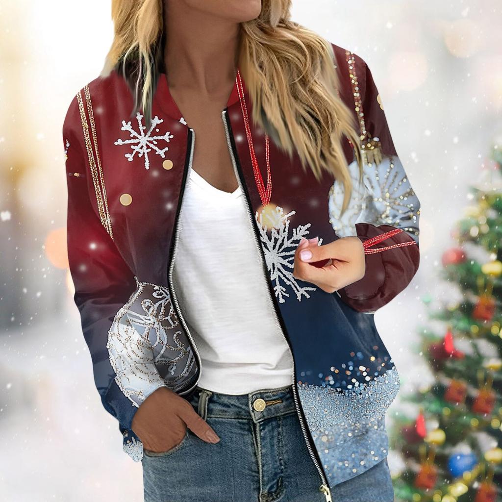 Женская легкая короткая куртка с длинными рукавами на молнии с принтом, повседневная стеганая куртка с карманами, рождественская