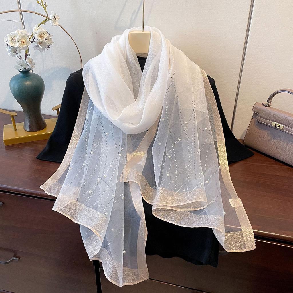 New Fashion and Versatile Solid Color Ethnic Style Veil Scarf Scarf for Women Wavy Pattern Artificial Diamond Iron Scarf for Women