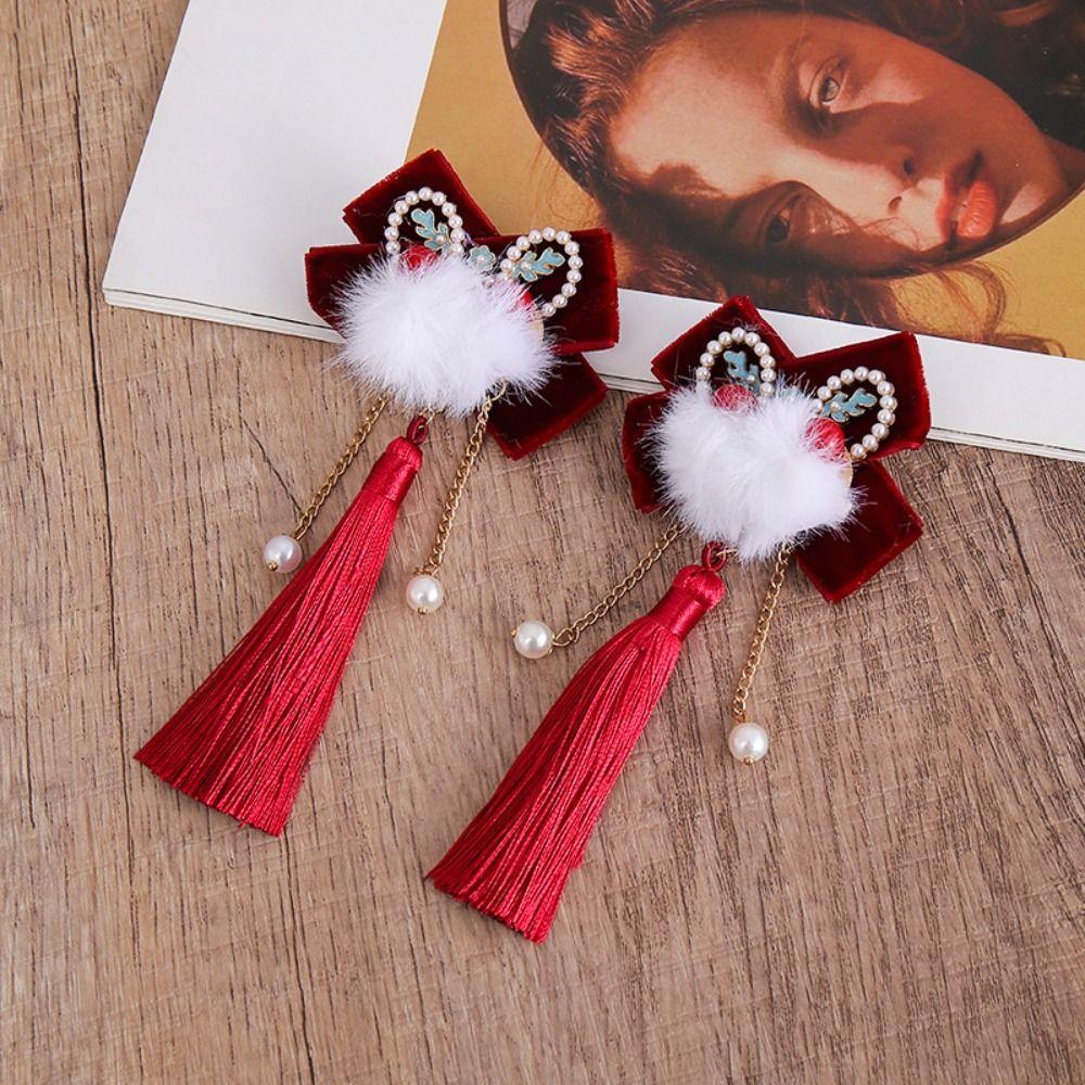 Plush Lion Dance Hairpin Pearl Tassel Chinese New Year Headwear Ancient Style Hairpin Children