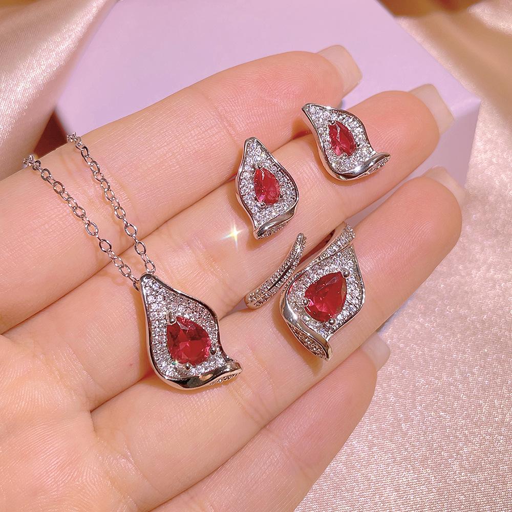 Новые женские украшения из трех частей с пробой 925, премиальная инкрустация, нерегулярный красный циркон, для вечеринки, свадьбы, подарок для невесты