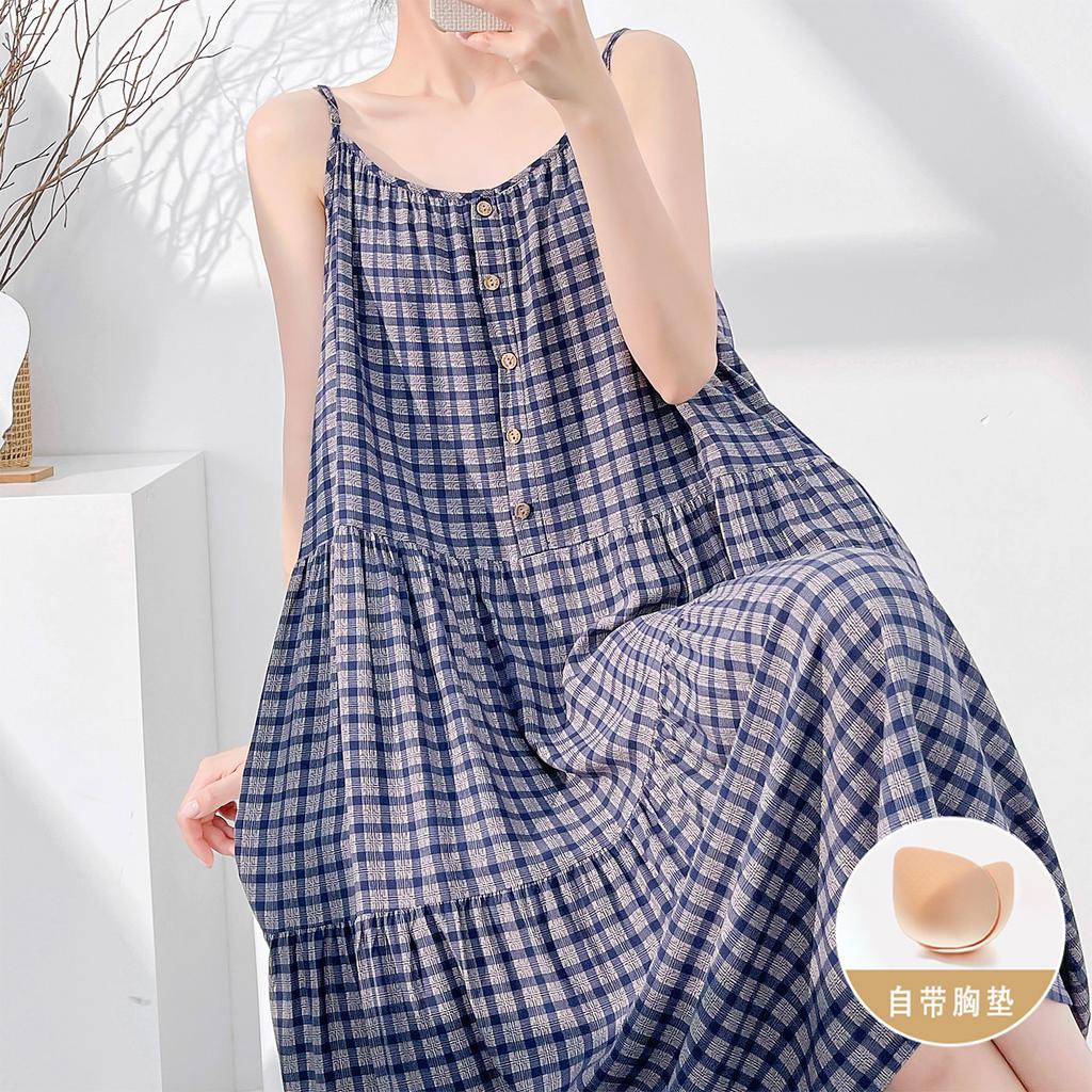 Holiday style with chest pad, plaid suspender, nightdress for women, summer thin anti-bumping, comfortable cotton and silk dress can be worn outside