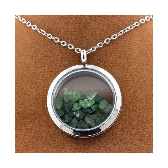 Stones and Minerals. Raw Tsavorite Garnet Necklace. 25 Mm Medallion Model. Color Silver.