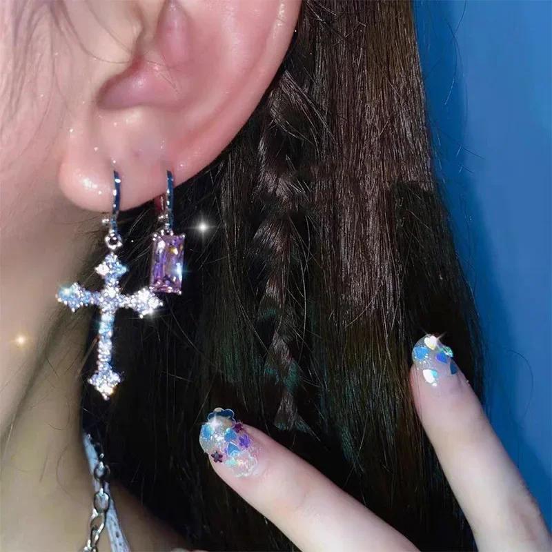 Y2K Gothic Rhinestone Cross Earrings Kpop Shiny Zircon Cross Drop Earring For Women Grunge Egirl Earrings Jewelry Accessories