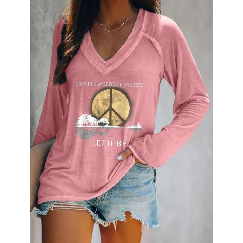 Ilstile Women's Hippie Style Print T-Shirts  Long Sleeve V Neck Tops Casual Loose Tees Fashion Female Clothing