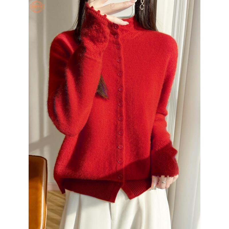 Women's 100% Wool Half-High Collar Crochet Cardigan - New Year Knit Cashmere Sweater