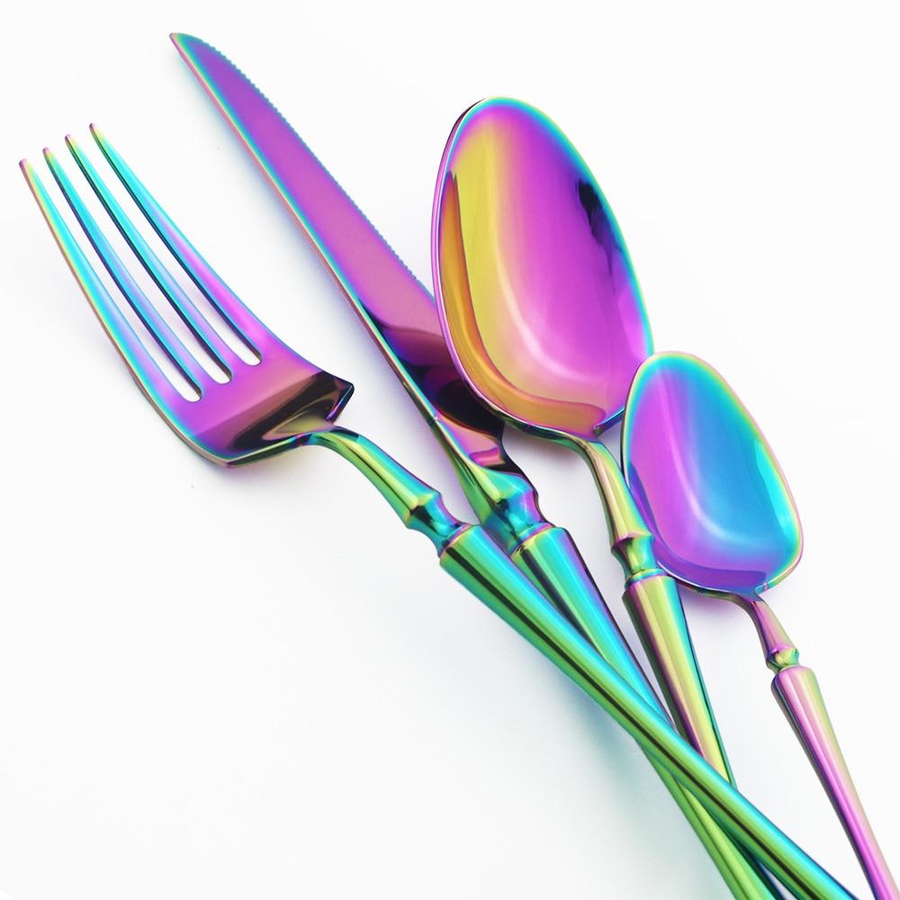 24Pcs/6set Purple Flatware Dinnerware Cutlery Set 18/10 Stainless Steel Dinner Forks Knives Spoons Set With Box Tableware Silverware Gift