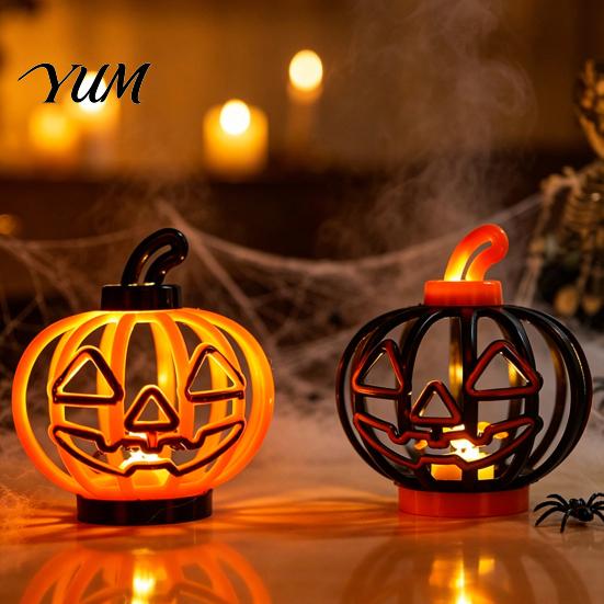 Simulated Candlelight Props Halloween Pumpkin Lantern, LED Light Up Hollow Ornament, Battery Operated Indoor Decorations Statue with Warm for Outdoor