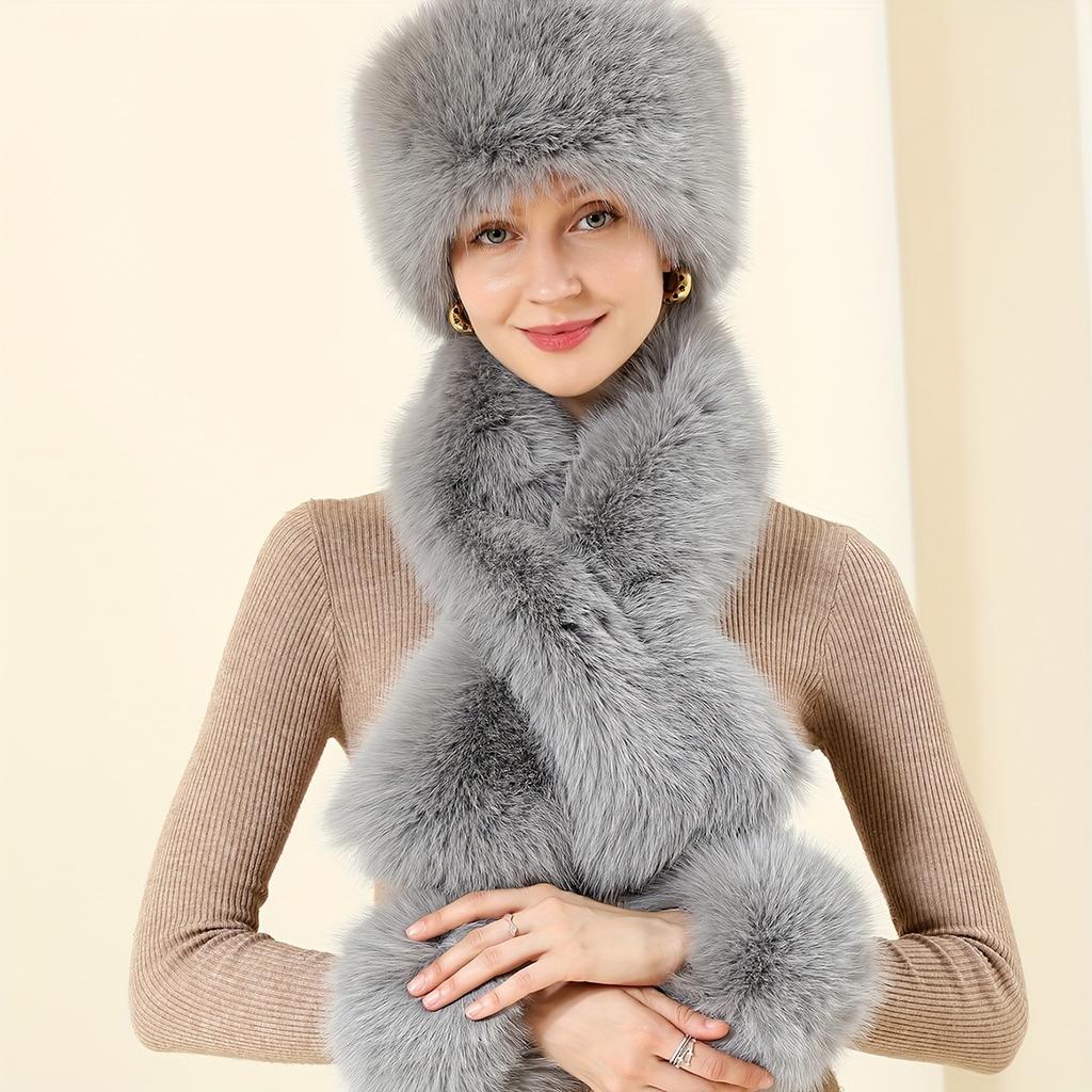 Fashionable 3-Piece Women's Solid Color Faux Fur Headband, Neck Scarf, and Wrist Cuff Set, Cozy Polyester Fiber Accessories Kit