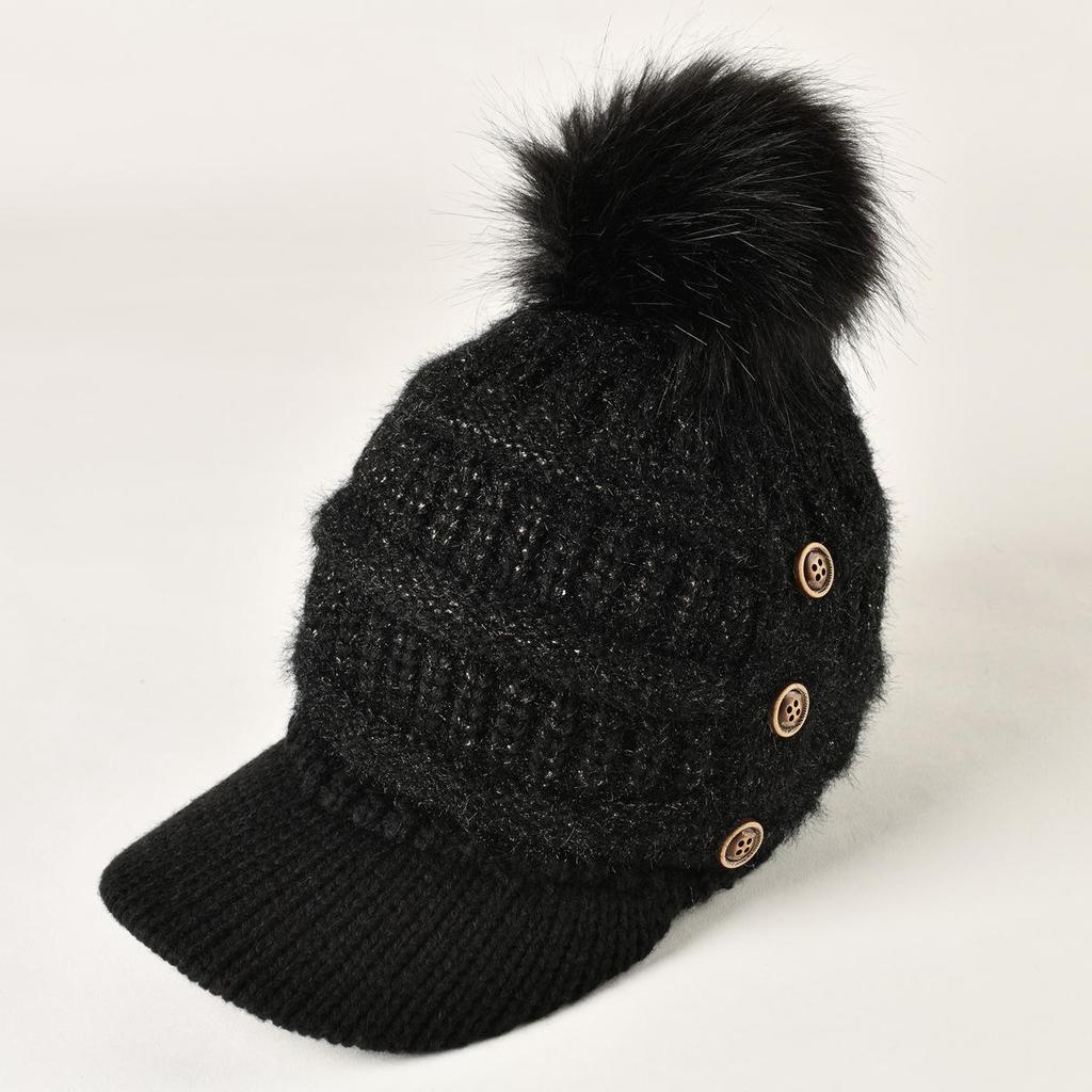 Plush Button Women Autumn Winter Thickened Warm Duck Tongue Big Ball Knitted Hat