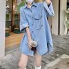 Women Fashion Casual Jeans Shirt Turn Rolled Up Long Sleeve Down Collar Denim Jacket with Pockets