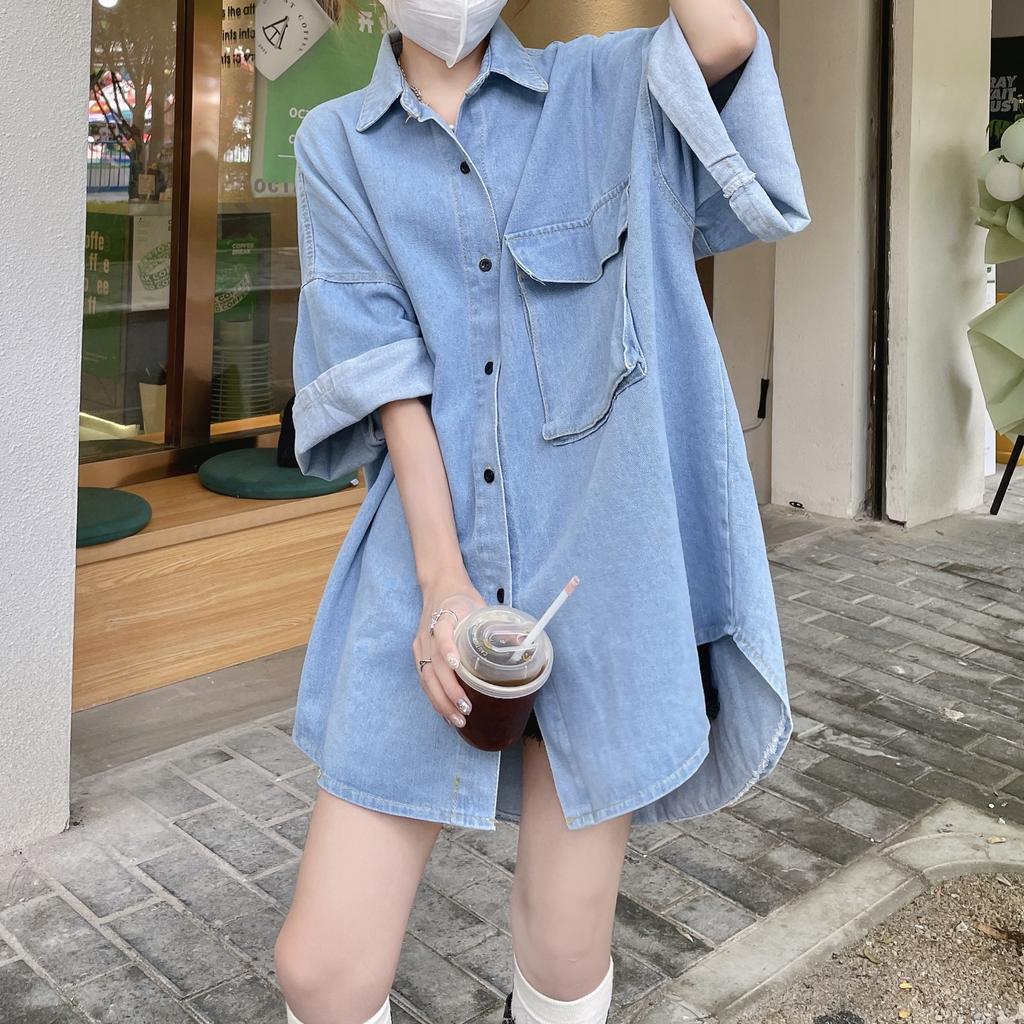 Women Fashion Casual Jeans Shirt Turn Rolled Up Long Sleeve Down Collar Denim Jacket with Pockets