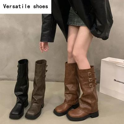 Зимние ковбойские сапоги для женщин, модные длинные сапоги с пряжкой на поясе, элегантные женские рыцарские сапоги на квадратном каблуке