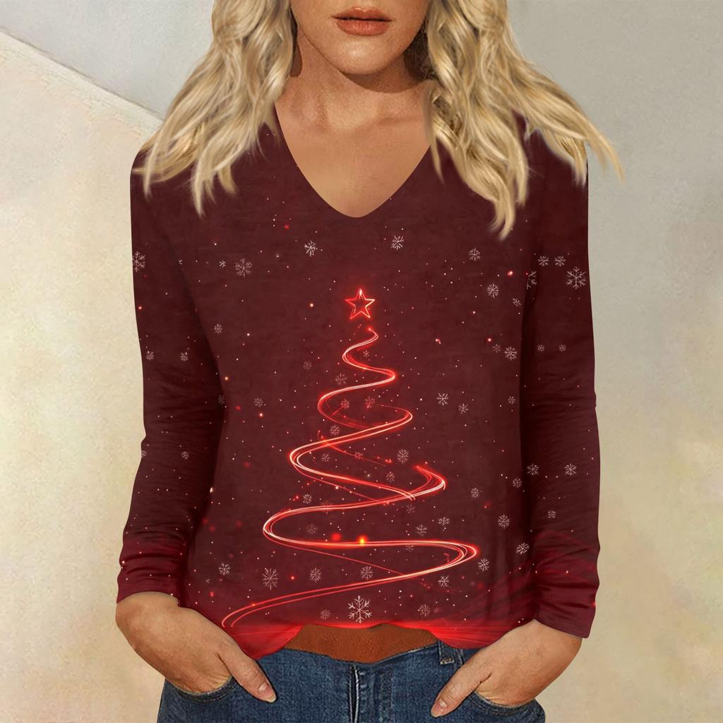 Women's Daily Casual Long Sleeve Christmas Print V-neck Top