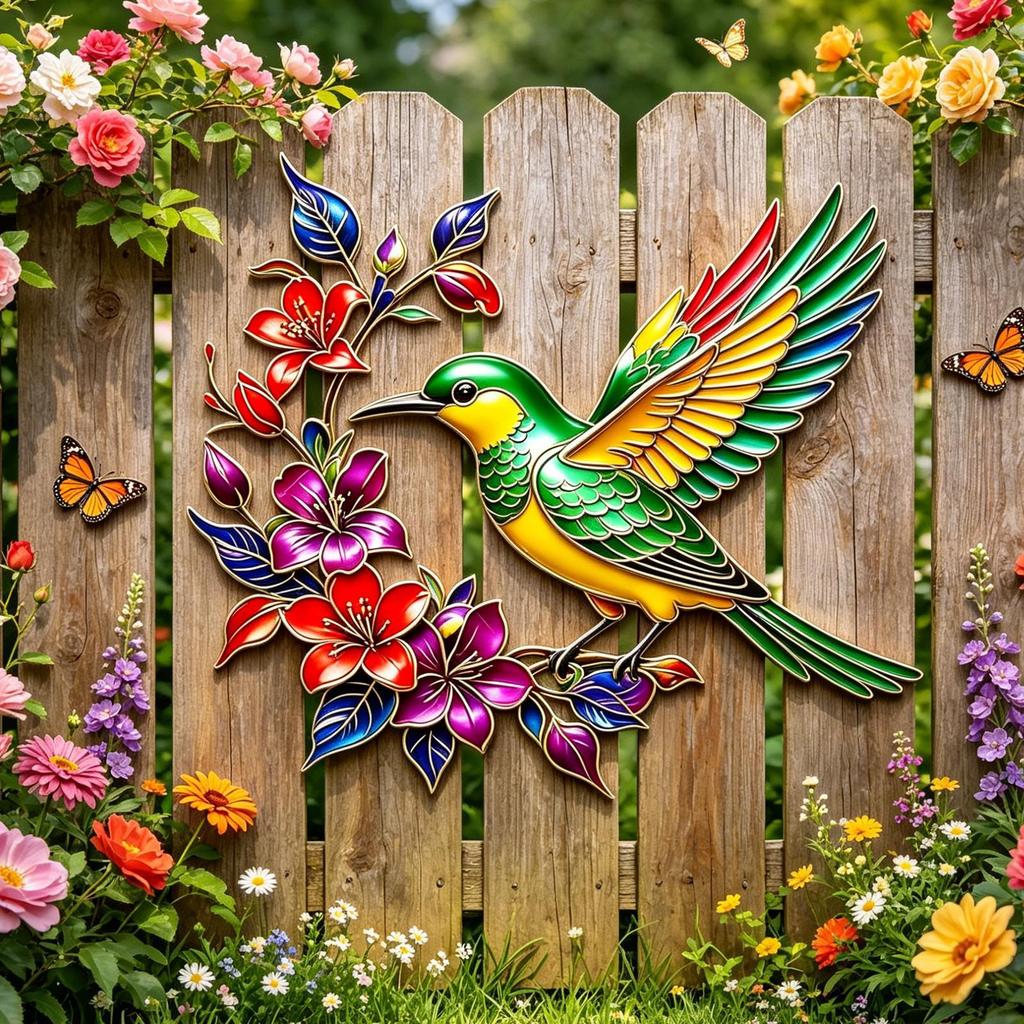 Bloom Hummingbird Metal Wall Art with Flower Garden Sign,Iron Sculpture Indoor Outdoor Wall Decor, for Patio,Garden and Fence Art Decor